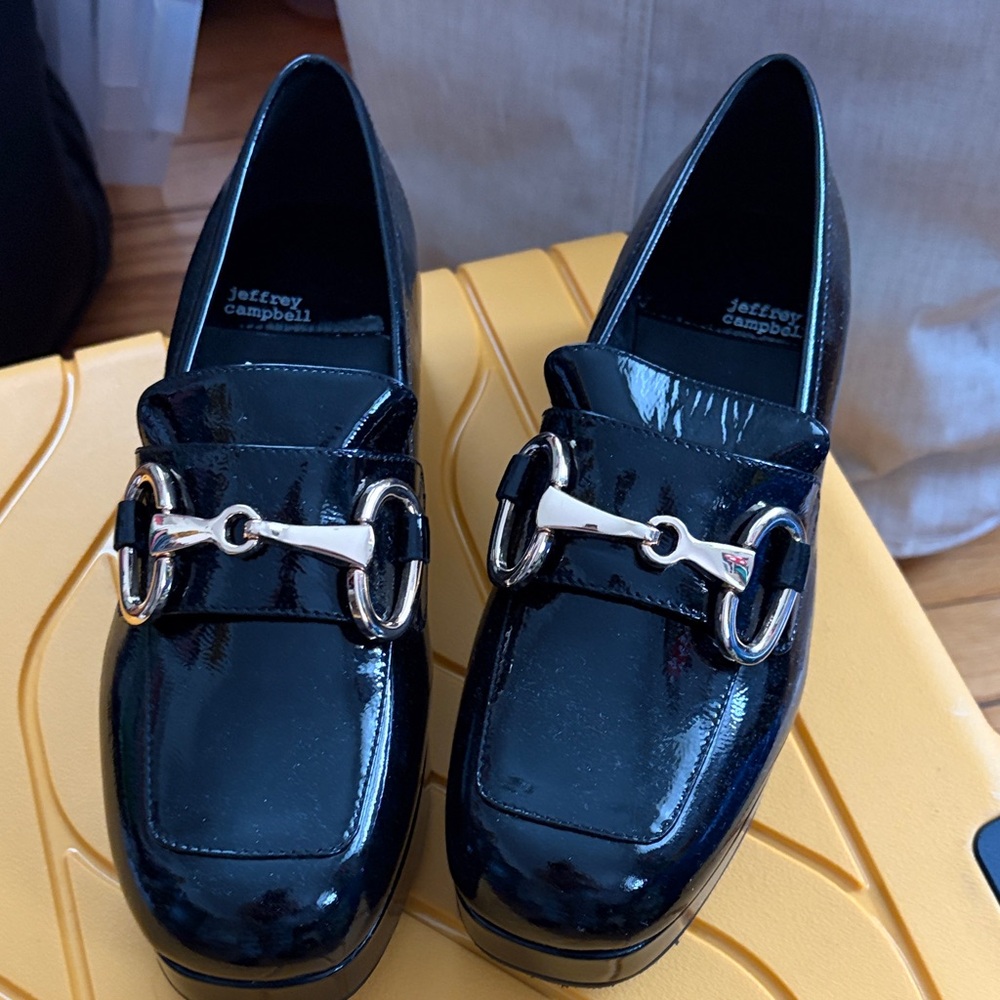 Jeffrey Campbell Black Patent Platform Student Loafers with Gold Bit Hardware